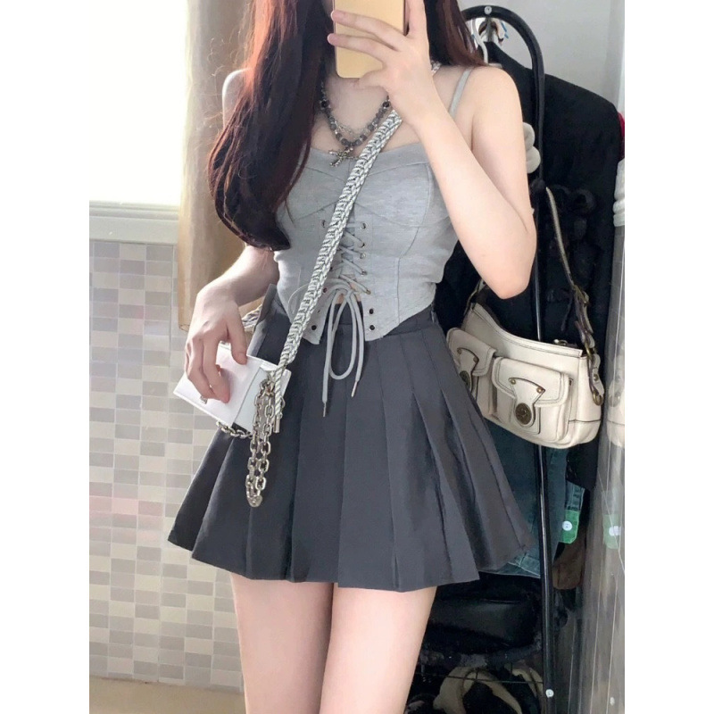 夏季新款灰色绑带背心百褶短裙小个子纯欲性感辣妹茶系穿搭两件套