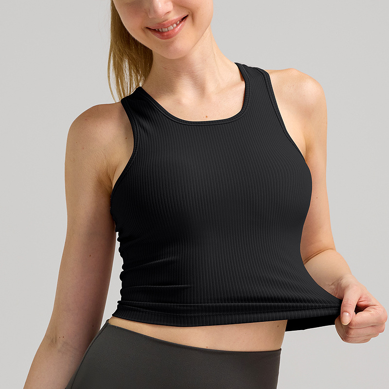 Lulu Chaleco deportivo corto en forma de carrera para mujer con almohadilla para el pecho Lycra Yoga Chaqueta de fitness de secado rápido transpirable acanalada