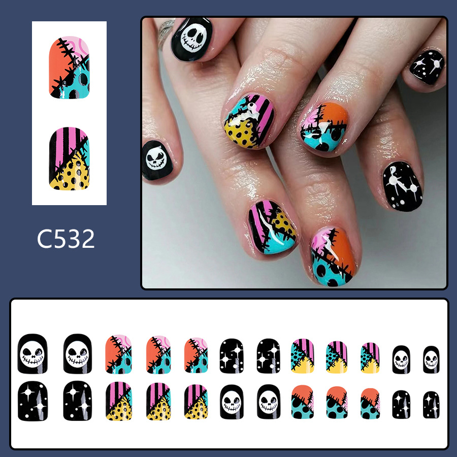 Short Glitter Shining Stars Halloween Thriller Skull 20.24 million Halloween Nail Art New Wear Armor 24 Pieces_voghion.com