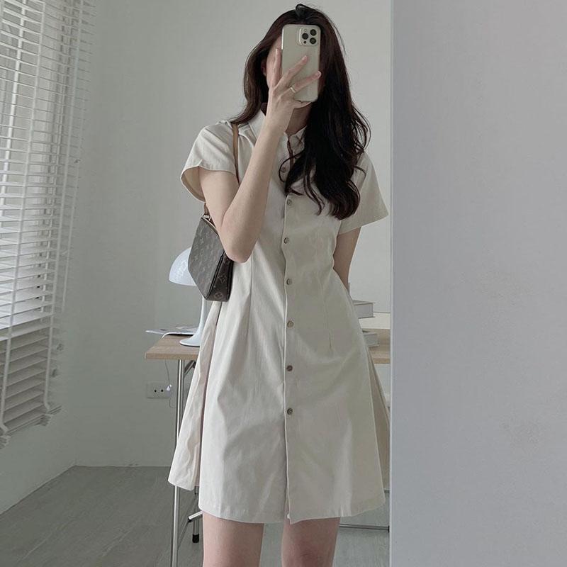 South Korea chic summer simple elegant lapel single-breasted waist slimming short sleeve shirt small dress