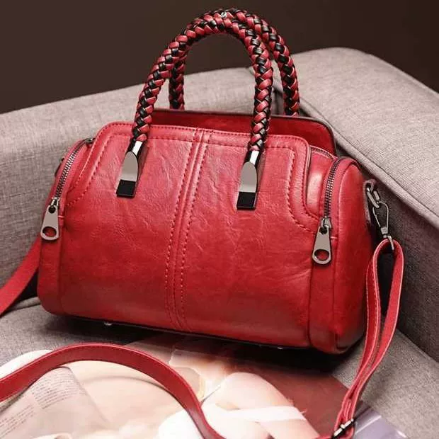 Capacious Boston Shoulder Bag, Genuine Leather, Woven Handles, 30×17.5×21 cm