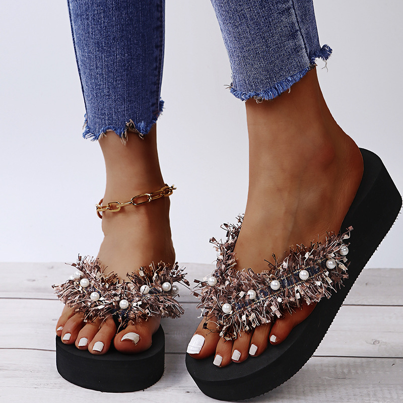 Tassel Open Toe Pearl Flip Flops NSKJX104267