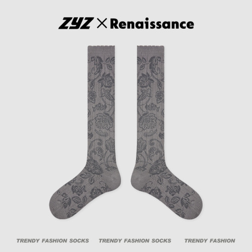 Original Renaissance Women's Socks Spring and Summer Black Floral Teen Style Girls' Classic Trendy Matchable Calf Socks