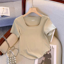 跨境外贸批发夏季外穿方领纯棉短袖t恤女显瘦百搭气质修身打底衫