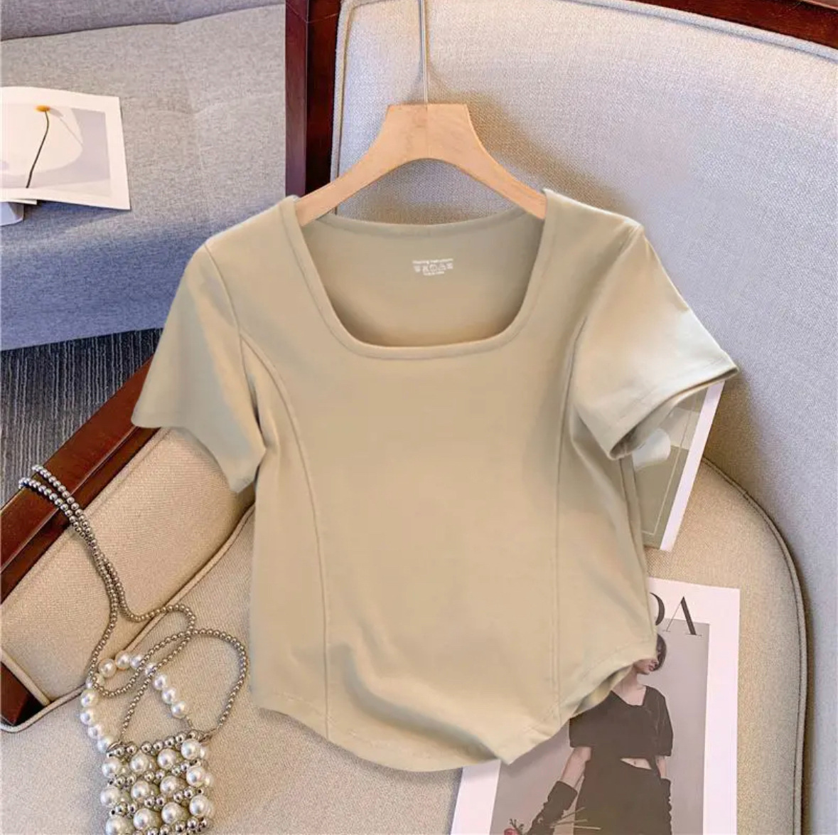 跨境外贸批发夏季外穿方领纯棉短袖t恤女显瘦百搭气质修身打底衫