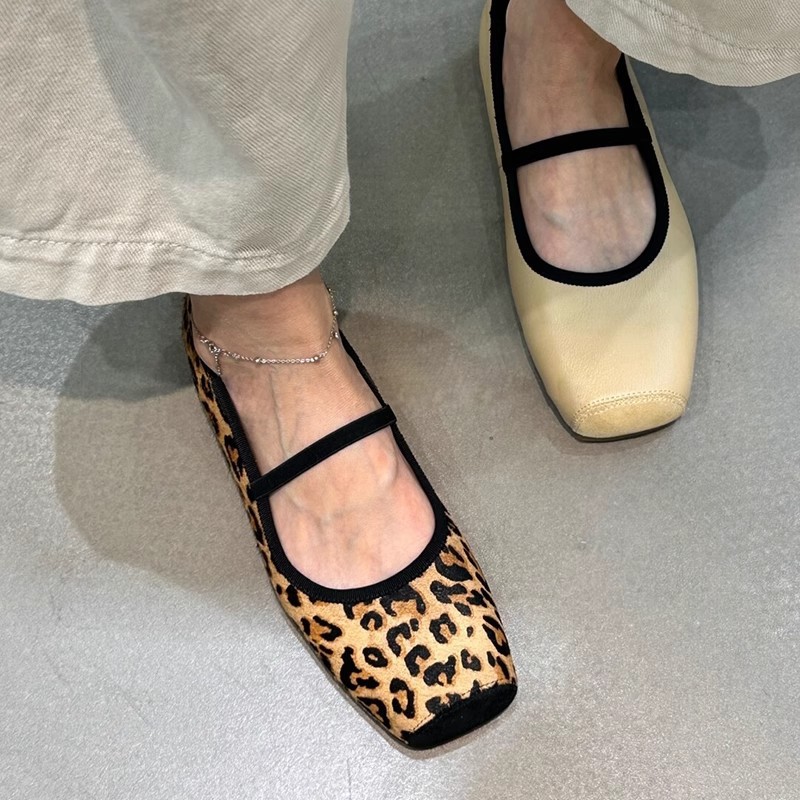 Ready in Stock and Shipped in Seconds ~ French One-Word Buckle Square Toe Mary Jane Shoes, Comfortable, Light and Soft, Leopard Print Flats Shoes for Women