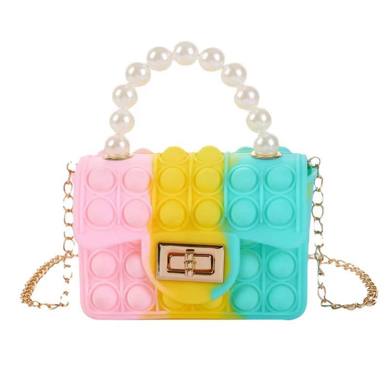 Silicone children's double-sided shoulder bag, chain from pearl, wallet