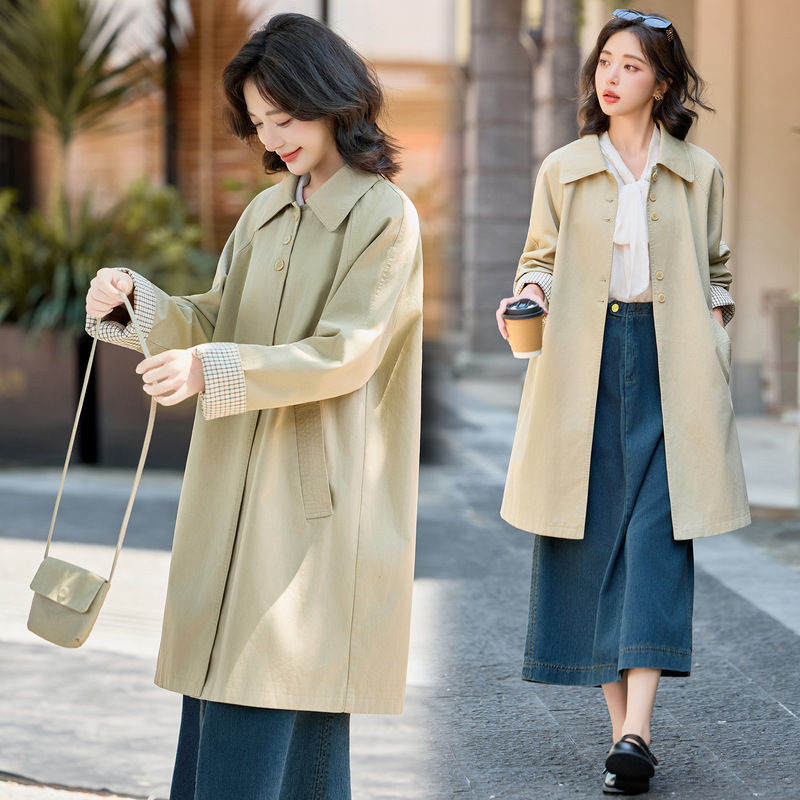 2025 Autumn and Winter Large Size Loose Elegant Mid-Length Women's Windbreaker Korean Style Large Size Slimming Elegant Casual Coat Thin