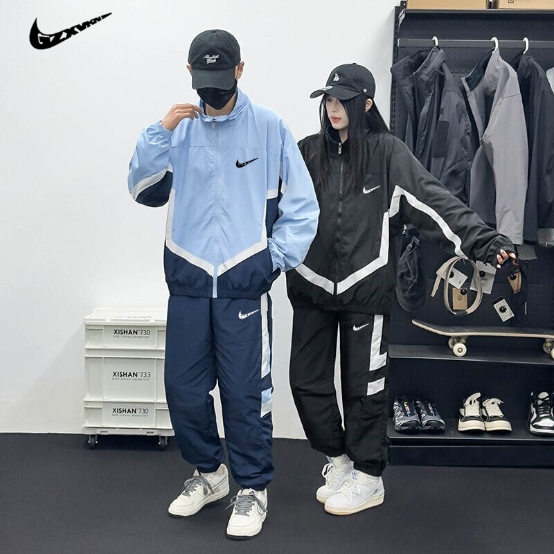 Men's Spring New Nylon Zipper Cardigan with Stand-Up Collar and Embroidery, Unisex Couple's Casual Sports Two-Piece Set