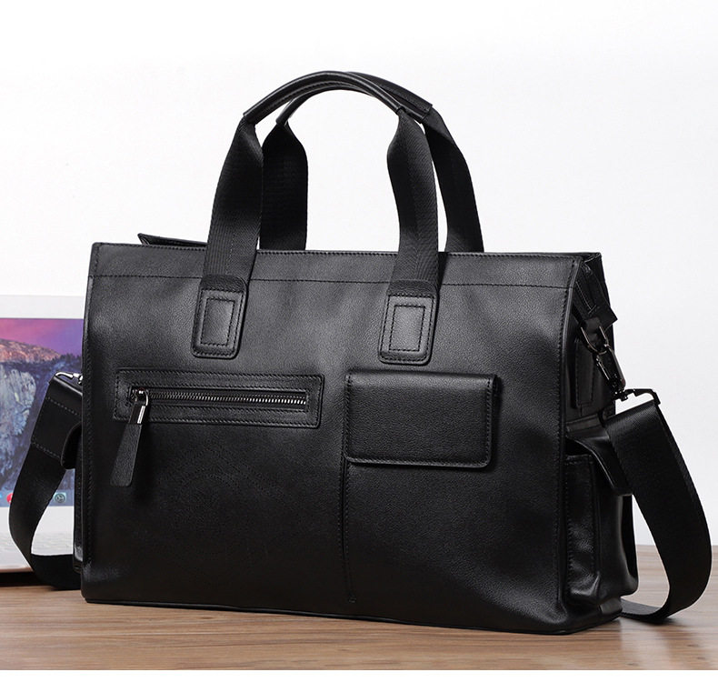Túi xách tay nam da bò thật dung tích lớn 40×13×29 cm, đựng tài liệu và laptop 15,6 inch — Dây kéo dọc da bò màu đen, Dây kéo ngang da bò màu đen, Da cừu lớp đầu màu đen chi tiết 3