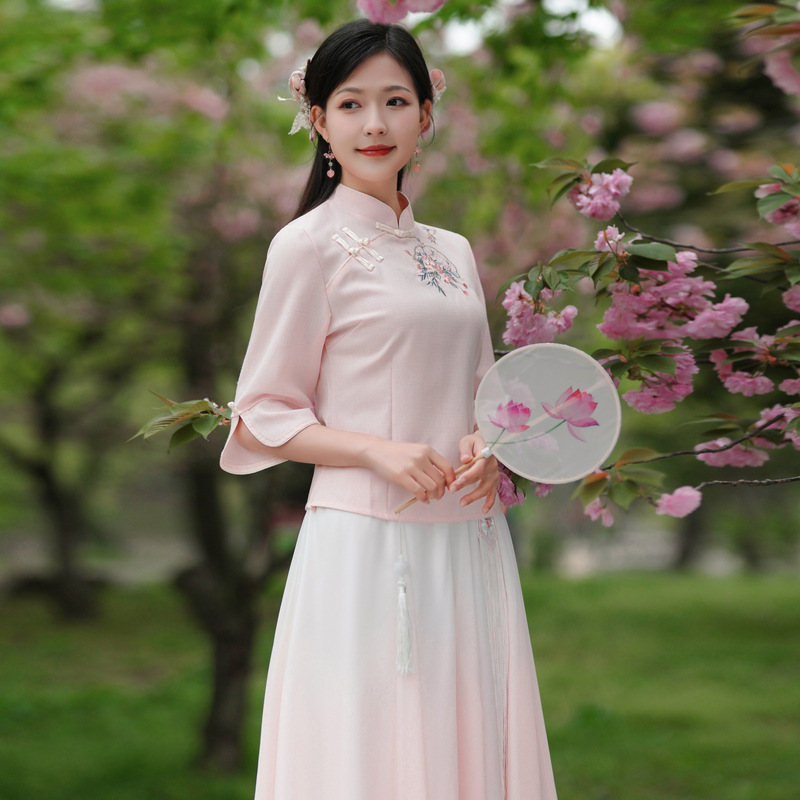 实拍新款中国风刺绣斜襟七分袖上衣雪纺大摆裙闺蜜亲子套装