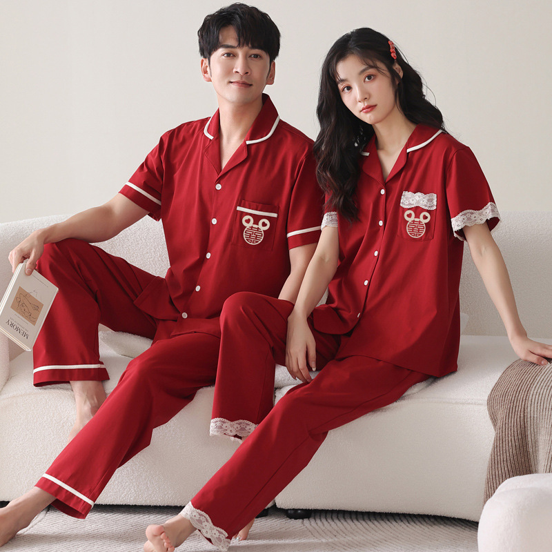 라이크라 커플 잠옷 남자의 봄과 가을 순면 반팔 바지 여름 결혼식 붉은 가족 년 홈 의류 여성 세트