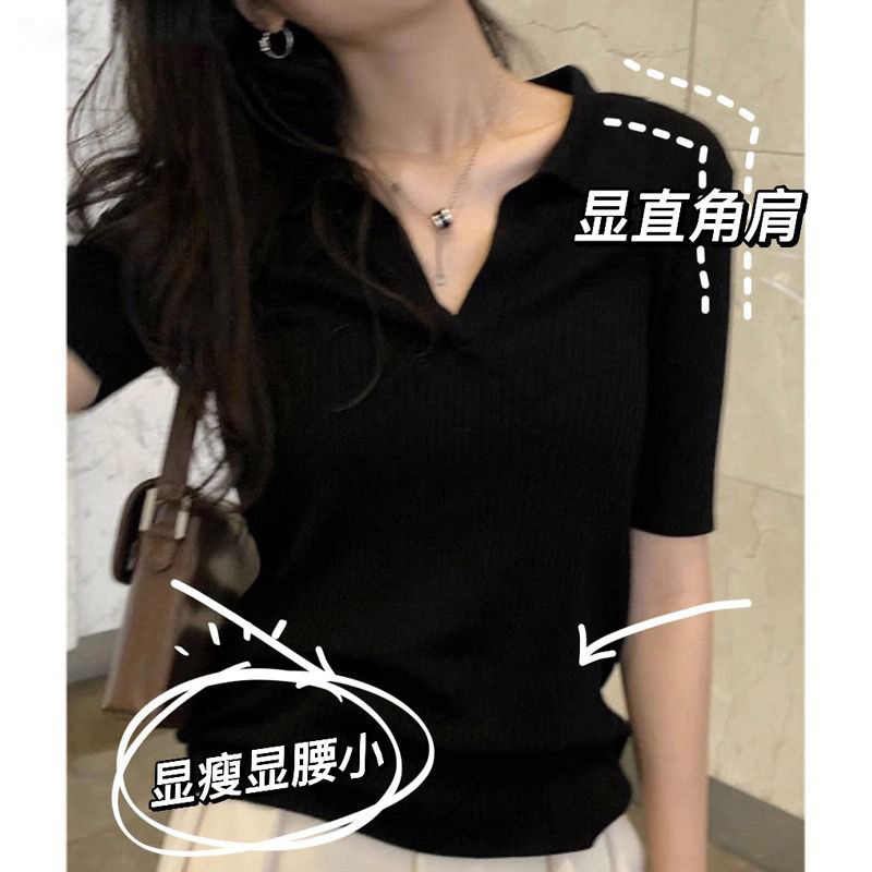 Pure Cotton Black Polo Collar Short-Sleeve Regular Shoulder T-Shirt, Summer Slim Fit, Chic Collarbone Top for Petite Women, Sexy Pure Cotton Black Polo Collar Short-Sleeve Regular Shoulder T-Shirt, Summer Slim Fit, Chic Collarbone Top for Petite Women, Sexy