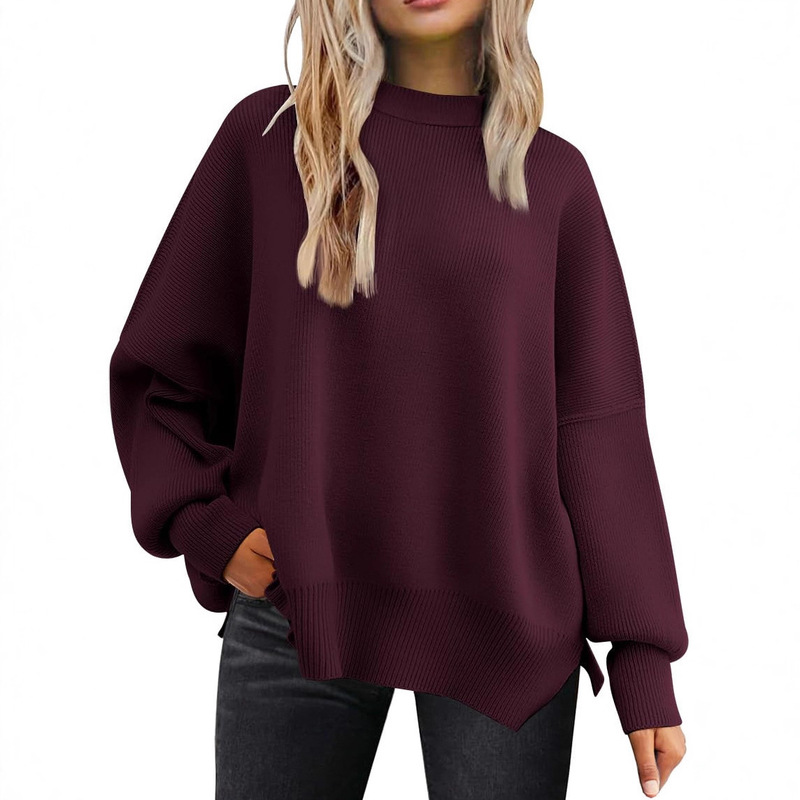 European and American Style Round Neck Batwing Long-Sleeved Sweater 2025 Amazon Autum Knitted Side Loose Slit Pullover