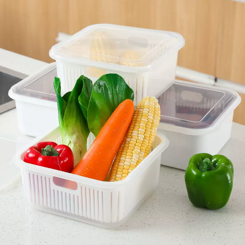 双层沥水篮方形大号冰箱保鲜盒塑料厨房水果保鲜收纳篮带盖