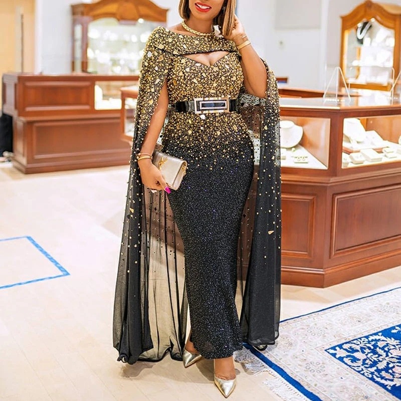 Otoño e invierno 2020 Ropa de mujer de comercio exterior de Europa y América estación independiente Dunhuang oro sexy capa vestido de swing grande vestido