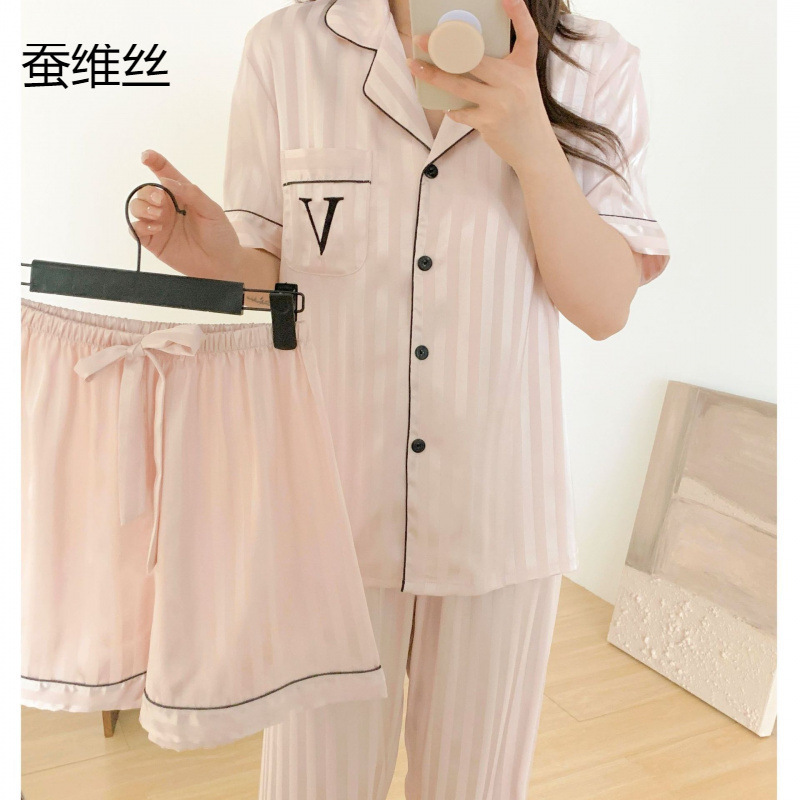 V Family Secret Striped Ice Silk Pajamas Summer and Autumn Cool Feeling Loose Temperament High-End Home Clothes Water-Glossy Silkworm Silk
