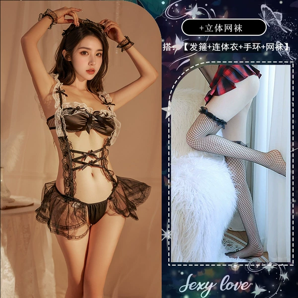 Lace maid suit [headband + jumpsuit + bracelets*2 + three-dimensional fishnet stockings]