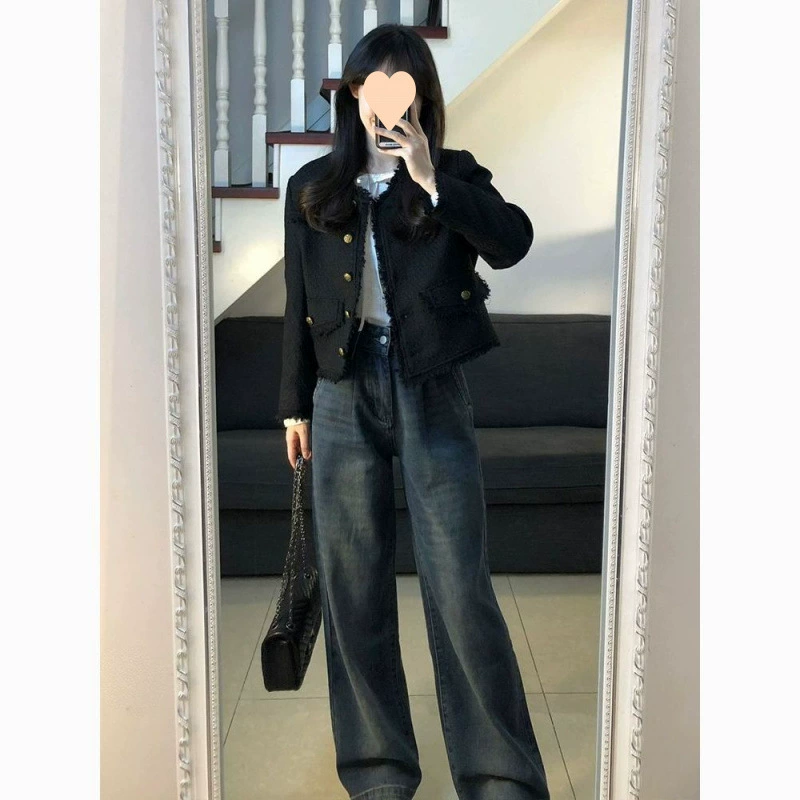 Элитный легкий роскошный комплект в стиле Хепберн, куртка в стиле Шанель, комплект из двух предметов в американском ретро-джинсах.