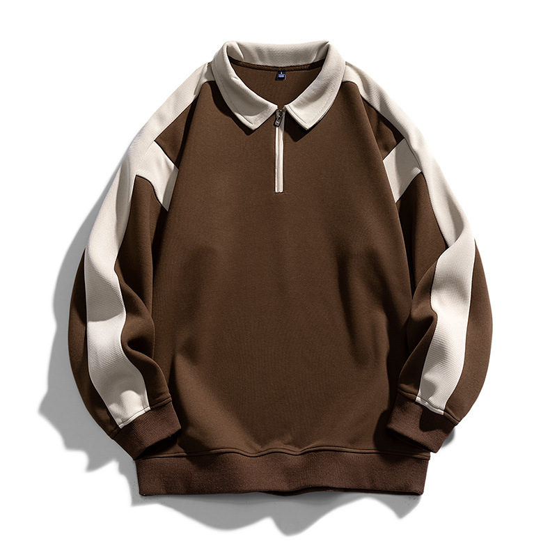 メンズスウェットシャツ 2025 春と秋の若者向けレトロコントラストカラートレンディカジュアルスポーツラペルジッパーポロスウェットシャツ男性用