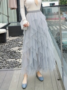 B 57225 Elastic Waist Mesh Midi Skirt �ɾo���W������ȹ