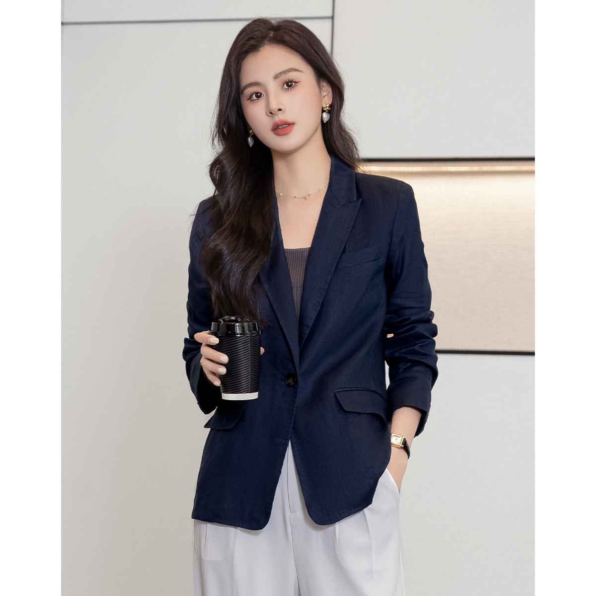 M family with 100% linen suit jacket women's spring and summer new high-end fashion small thin suit