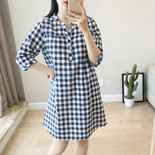 日系格子睡裙夏季女士双层棉质纱布五分袖中裙家居裙薄款套头宽松