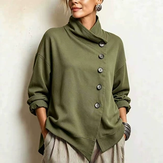2026欧美跨境新款立领斜排扣休闲卫衣女宽松不规则下摆长袖纯色