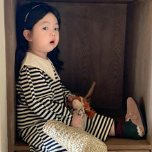 童套装2023秋季韩版女童条纹套装儿童大翻领娃娃上衣+长裤两件套