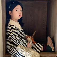 Kids' Set 2023 Autumn Korean Style Stripe Set for Girls - Child Large Collar Doll Top + Pants Two-Piece Set