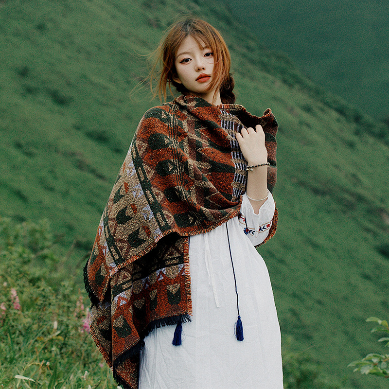 European and American national style shawl female Xinjiang Tibet travel photo wearing outside to take Sichuan cape dual-purpose scarf female winter