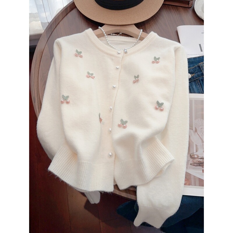 Red French Sweet Cherry Bead Sweater Jacket for Women Spring & Fall New Design Knitted Cardigan Loose Top