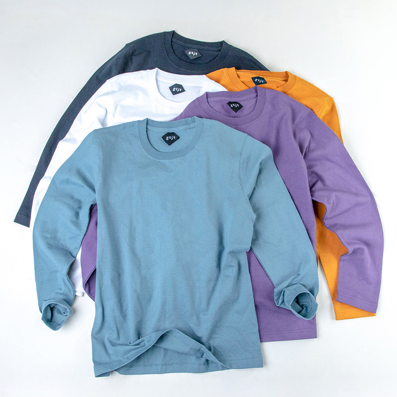 全棉厚實重磅咔叽純色圓筒桶織 打底圓領男女長袖T恤衫