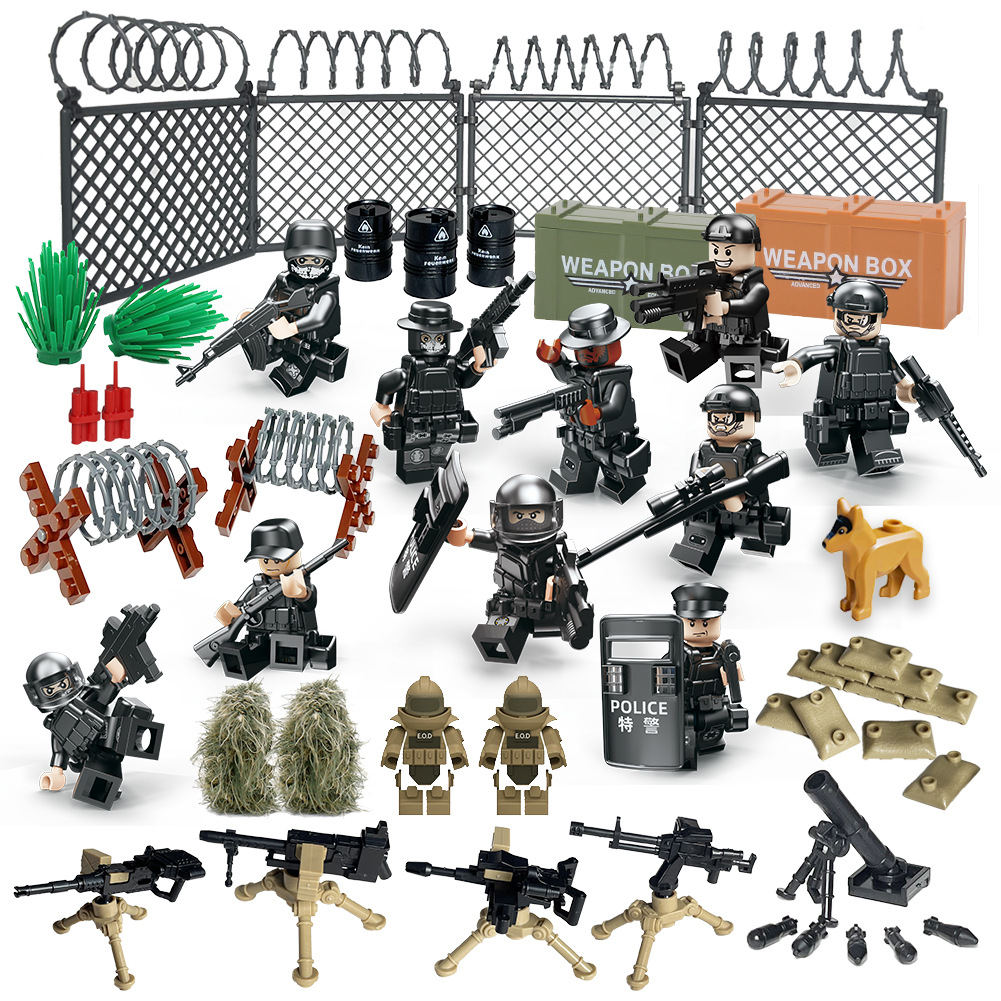 积木人偶军事武器包配件加农炮武器盒路障双色枪草丛积木玩具