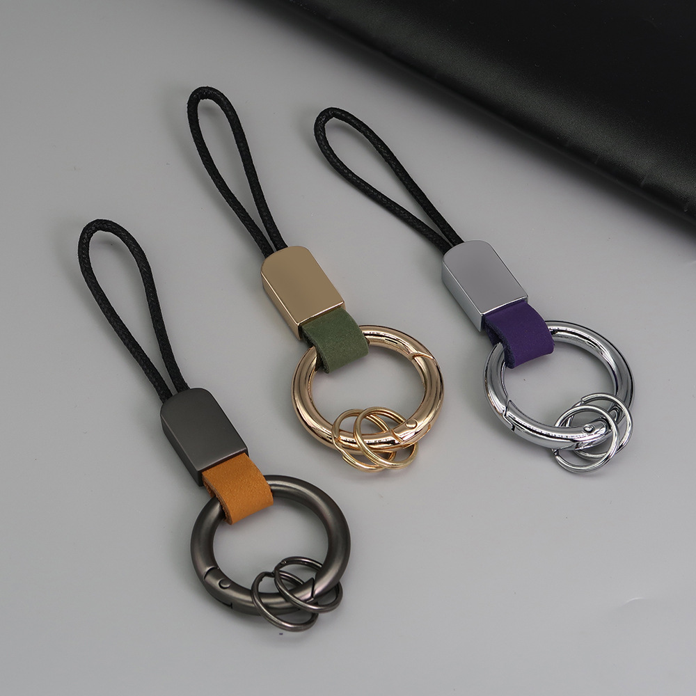 Top layer frosted cowhide ring keychain creative anti-lost leather car key chain personality laser hand rope pendant