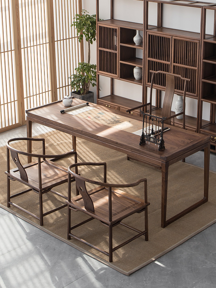 新中式禅意书画案茶桌老榆木办公书桌写毛笔字实木黑胡桃书房书法