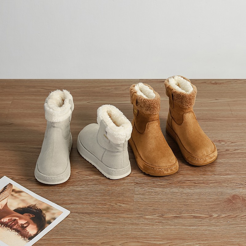 Self-Retained Version ~ Thick-Soled Fleece-Lined Snow Boots for Women, Retro Round-Toe Short Boots, Non-Slip Warm Fur Boots, Sleeve Cotton Boots