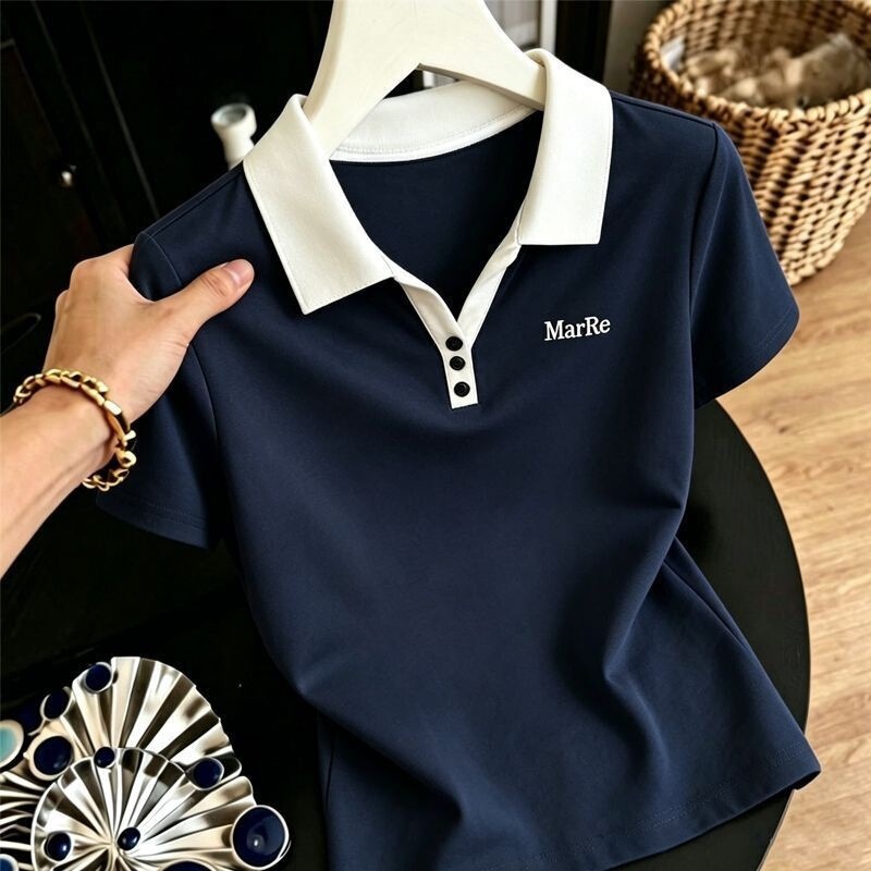 Pure Cotton Summer Fashion Simple and Easy-To-Wear Slimming T-Shirt for Middle-Aged Women, Versatile for Daily Wear, Color-Blocked Polo Collar Short Sleeves