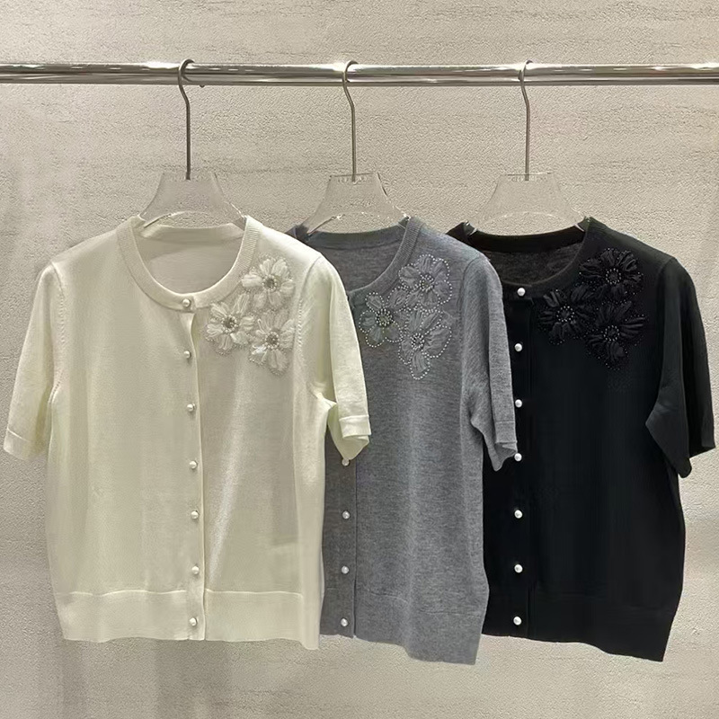 Exquisite Tune Mesh Flower Beads Gentle Elegant Round Neck Silk Wool Thin Long Short Sleeve Knitted Cardigan for Women Exquisite Tune Mesh Flower Beads Gentle Elegant Round Neck Silk Wool Thin Long Short Sleeve Knitted Cardigan for Women