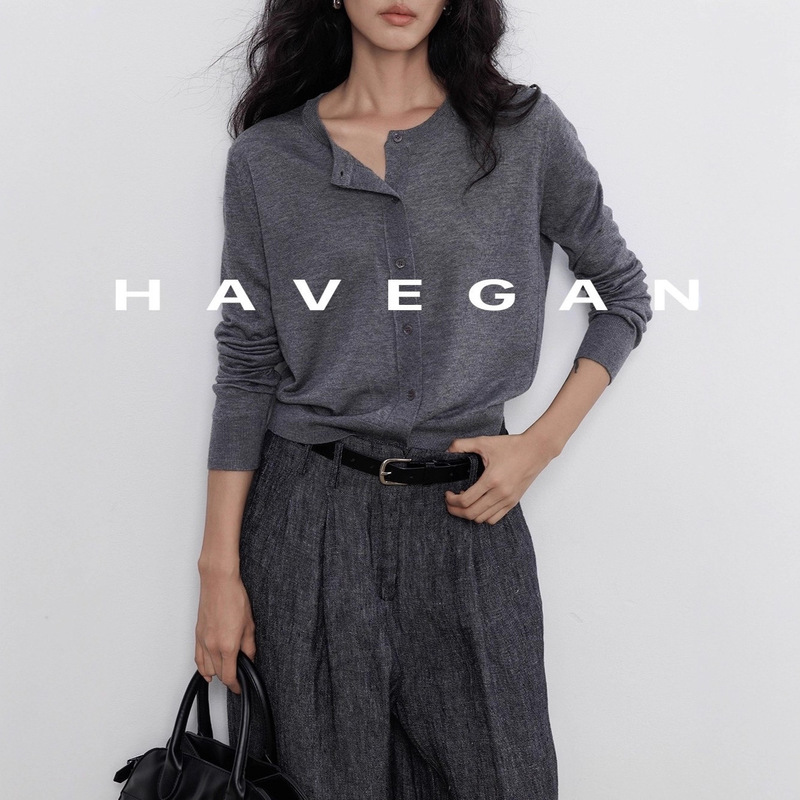 Havegan/Autumn Round Neck Long-Sleeved Knitted Cardigan Women's Thin Outer Wear Loose Lazy Old Money Style Top Havegan/Autumn Round Neck Long-Sleeved Knitted Cardigan Women's Thin Outer Wear Loose Lazy Old Money Style Top