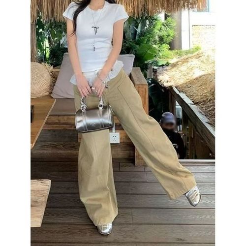 American Retro Patchwork Denim Waist Head Loose Bended Knife Pants for Women, Design Sense High Waist Slimming Straight Leg Wide Leg Pants