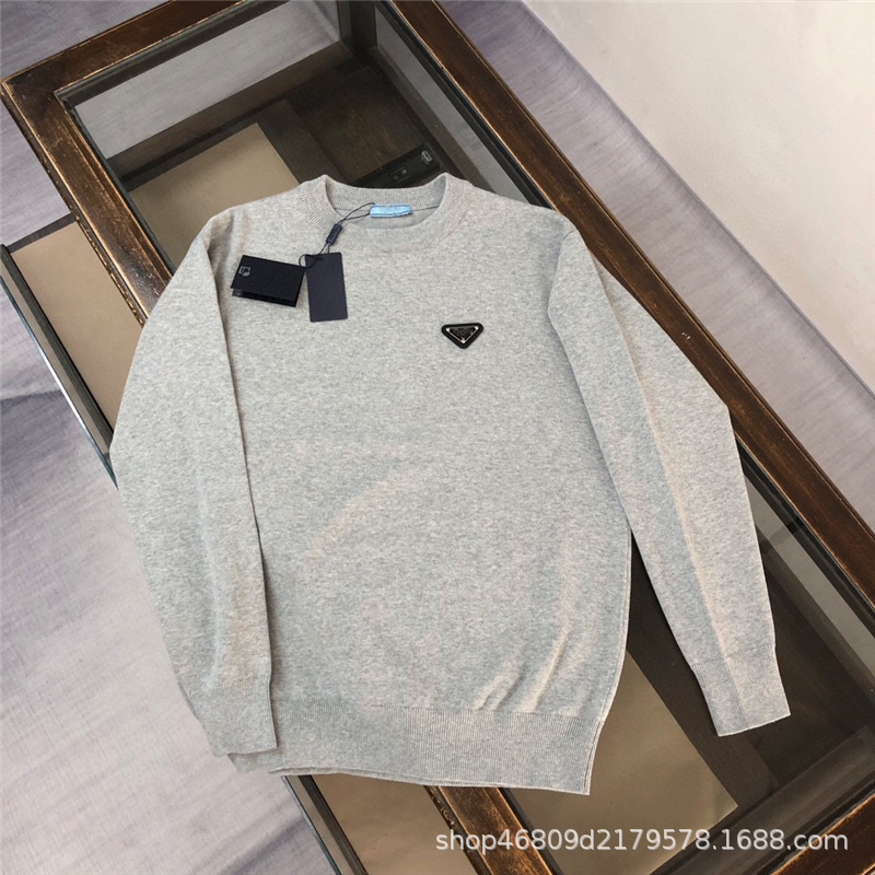 Correct Version P Home Autumn and Winter New Men's Sweater Pujia Triangle Standard Round Neck Long Sleeve Knitted Sweater Men's Loose