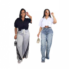 D8678 春夏新款欧美女装短袖独特纯色半截衬衣独立站亚马逊现货