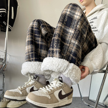 男士毛呢裤子秋冬季加绒加厚美式复古阔腿裤宽松直筒休闲裤男