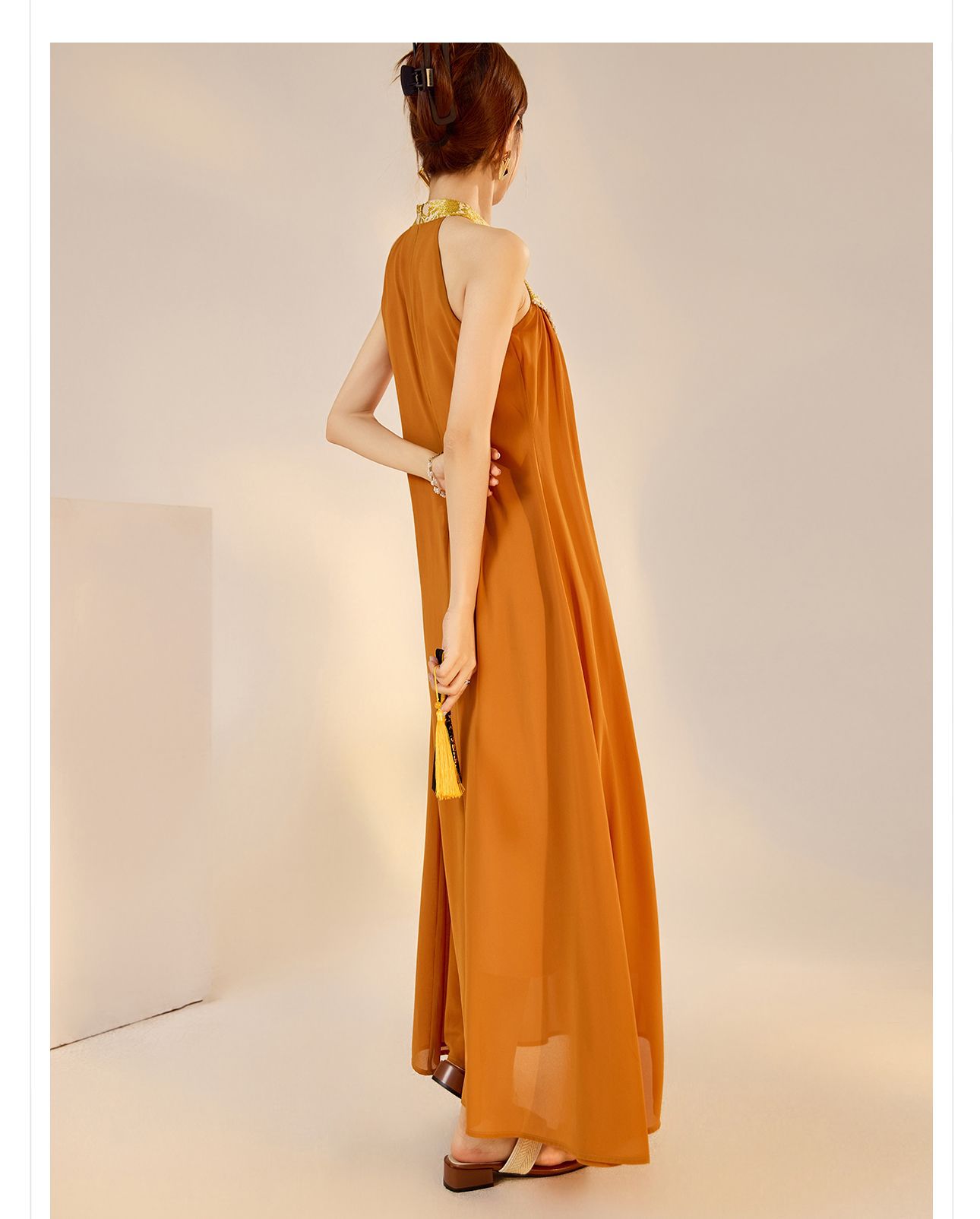 Váy dài cổ qipao thiết kế sang trọng mùa xuân hè — Màu cam, Màu mơ chi tiết 11
