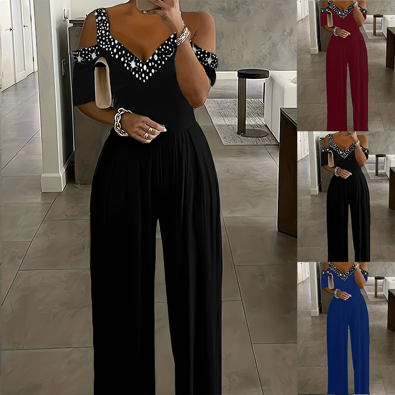 2025 Spring and Summer New Cross-Border European and American Clothing Wish Wide-Leg Jumpsuit Waist One-Piece Dress Printed Dress