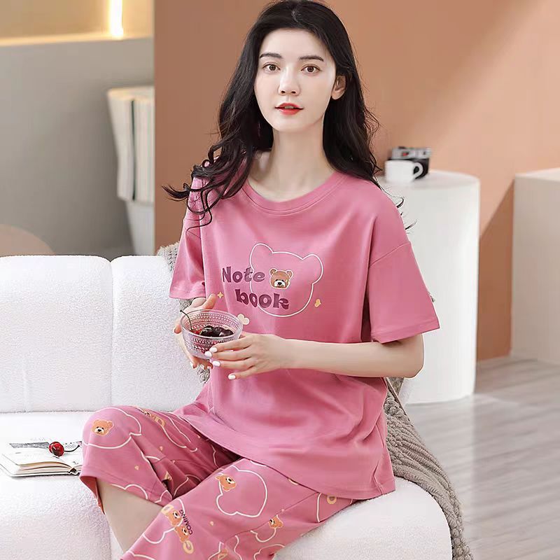 Pijamas de algodón de imitación al por mayor transfronterizos, pantalones cortos de manga corta con jersey fino de verano para mujer, nuevo traje casual simple, servicio a domicilio