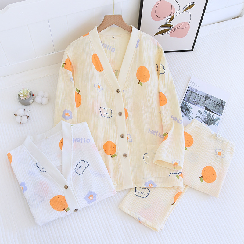 220 crepe V-neck nursing pajamas suit cotton double-layer seersucker long-sleeved trousers with nursing mouth confinement clothes 220 crepe V-neck nursing pajamas suit cotton double-layer seersucker long-sleeved trousers with nursing mouth confinement clothes