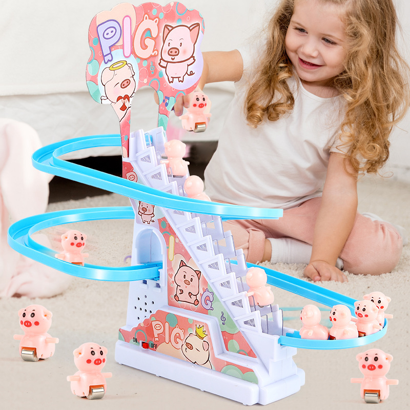Juguete de tobogán de patito amarillo para niños pequeños - Tren familiar eléctrico educativo musical con pista para subir escaleras para niños de 1 a 3 años