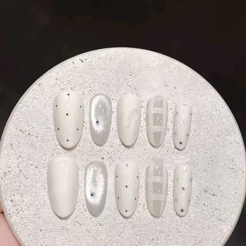 Milky white checkered star polka dot press-on nails, short oval shape, enhances skin tone, high-end feel, new popular style, fake nail patches wholesale Milky white checkered star polka dot press-on nails, short oval shape, enhances skin tone, high-end feel, new popular style, fake nail patches wholesale